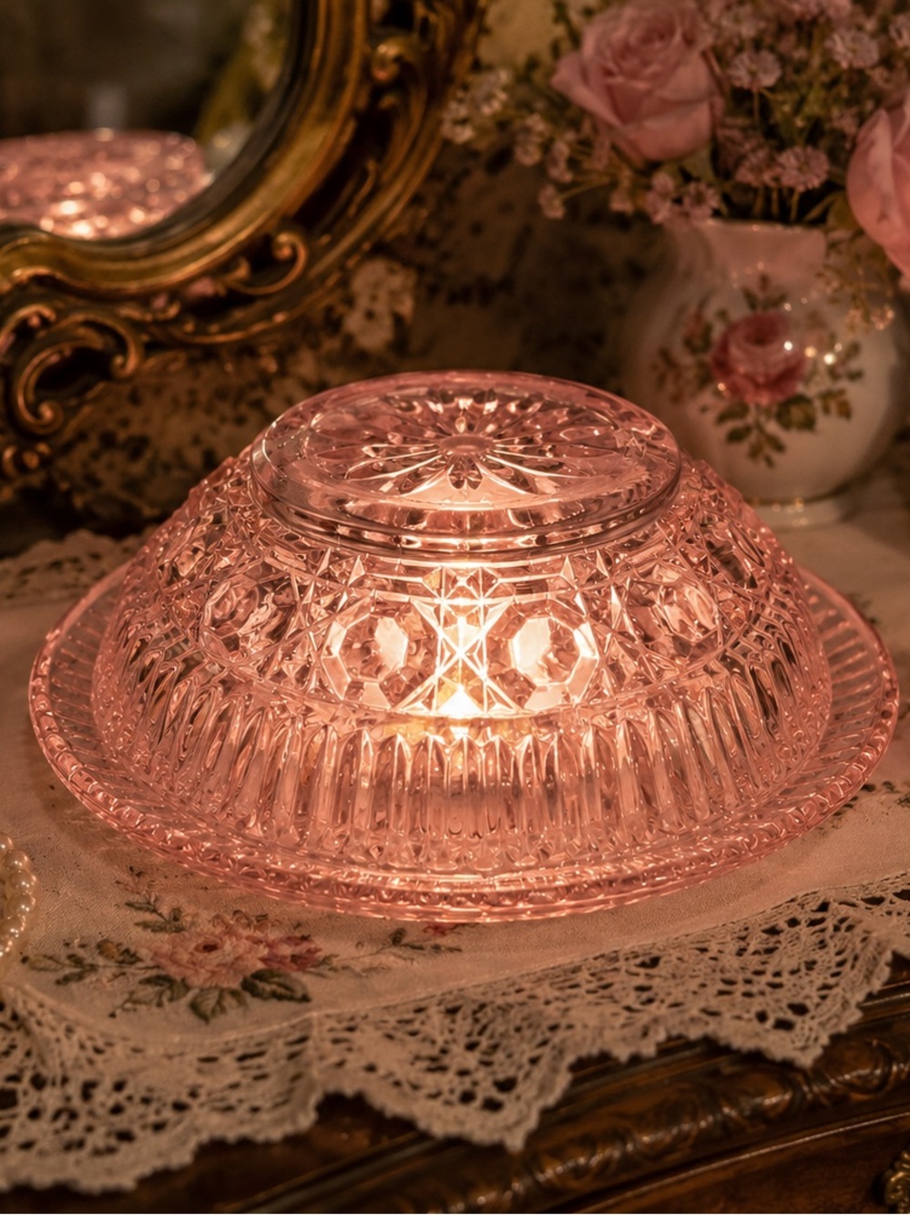 Federal Glass Windsor Button & Cane Pink Fairy Lamp | Cottagecore Glow
